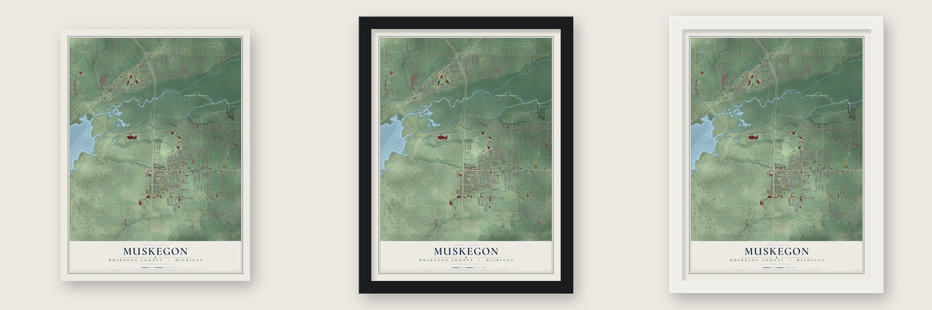 Muskegon, Muskegon County, Michigan map unframed, in a black wood frame and in a white wood frame