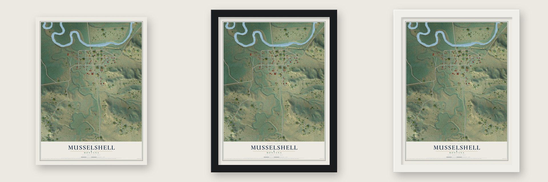 Musselshell, Montana map unframed, in a black wood frame and in a white wood frame