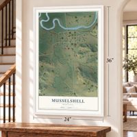 Musselshell, Montana map, 24 x 36 inch print in a white frame by a staircase