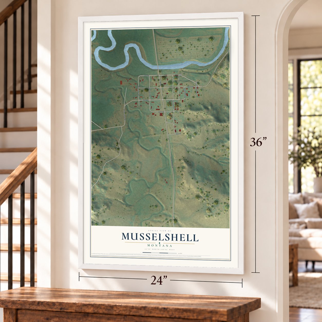 Musselshell, Montana map, 24 x 36 inch print in a white frame by a staircase