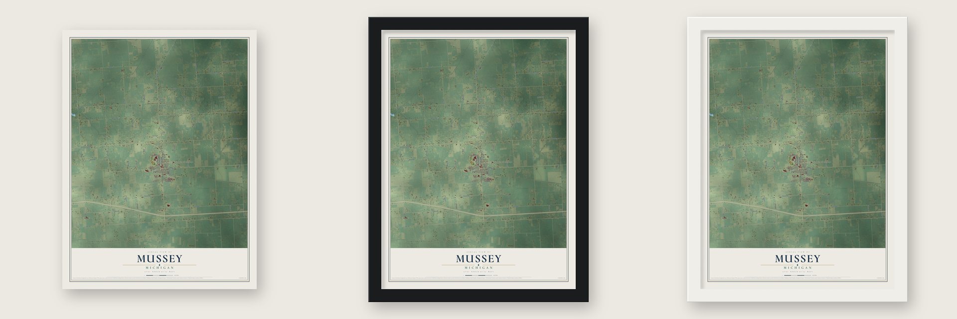 Mussey, Michigan map unframed, in a black wood frame and in a white wood frame