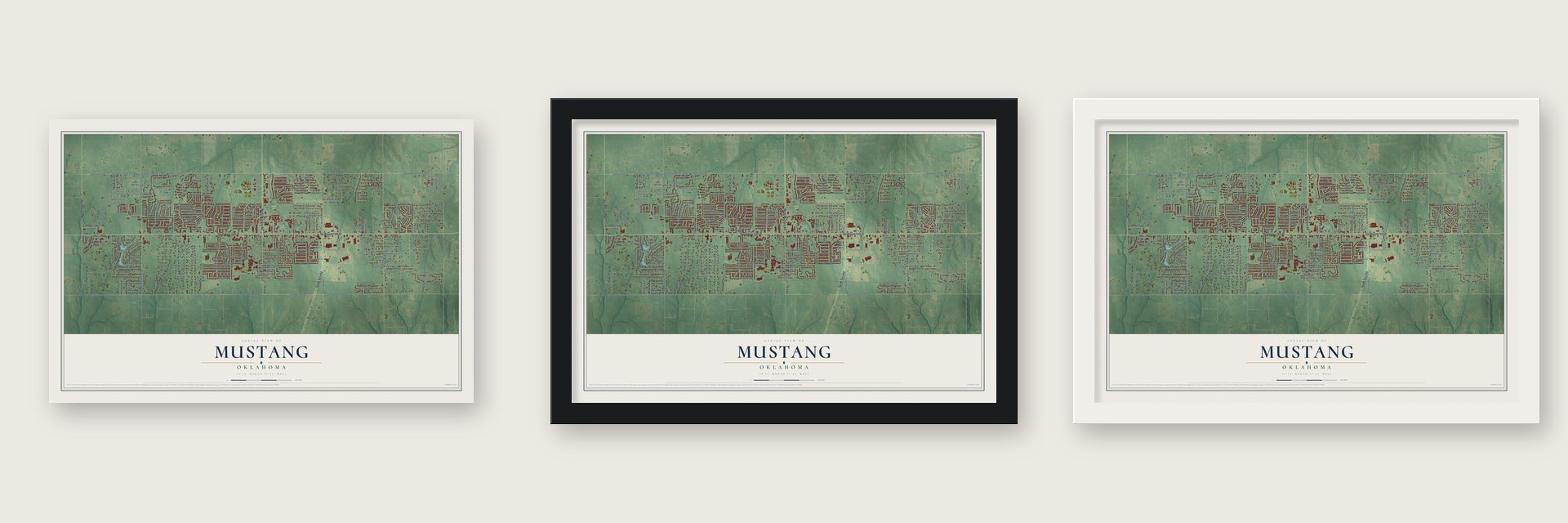 Mustang, Oklahoma map unframed, in a black wood frame and in a white wood frame