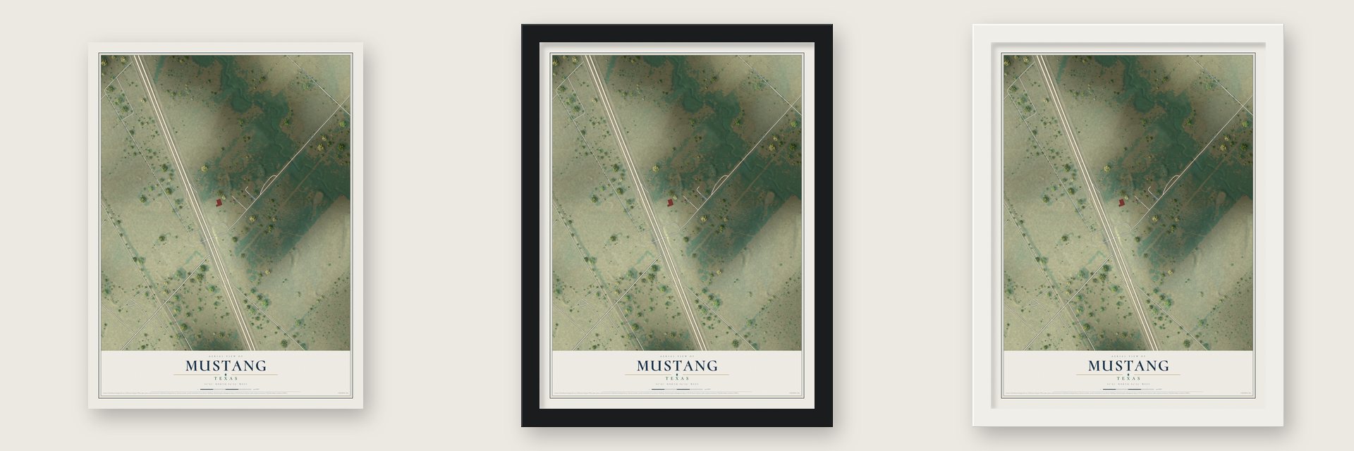 Mustang, Texas map unframed, in a black wood frame and in a white wood frame