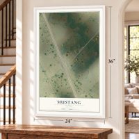 Mustang, Texas map, 24 x 36 inch print in a white frame by a staircase