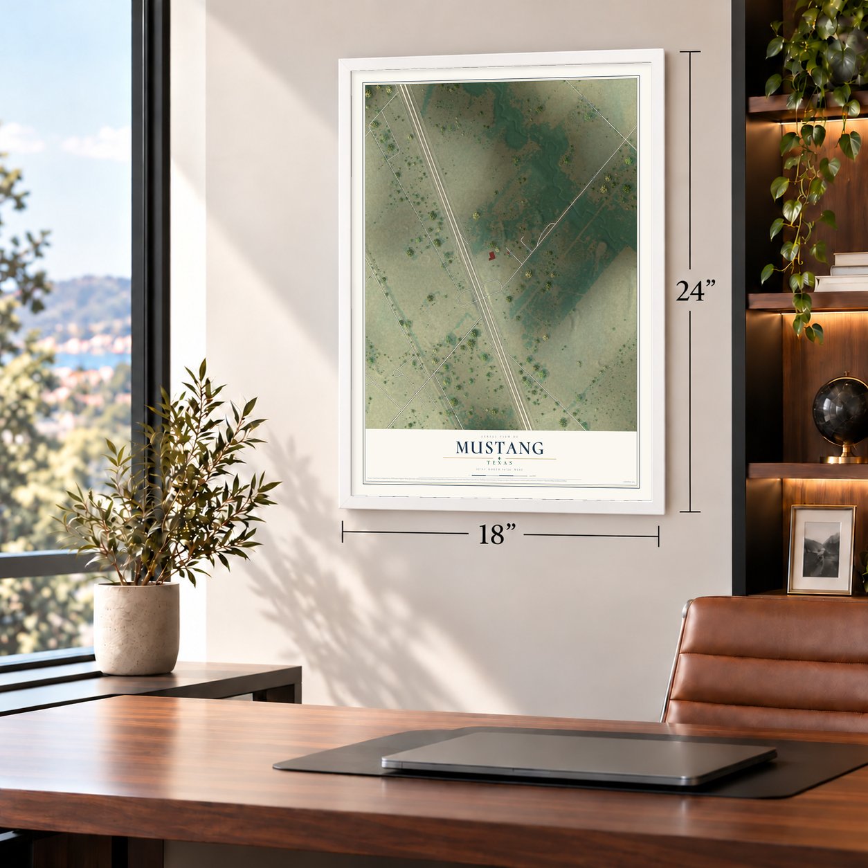 Mustang, Texas map, 18 x 24 inch print in a white frame in a home office