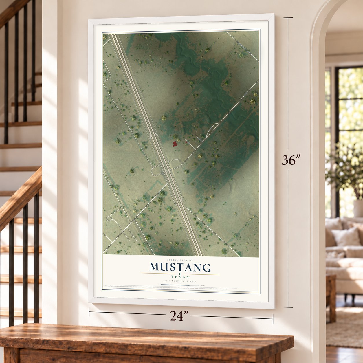 Mustang, Texas map, 24 x 36 inch print in a white frame by a staircase