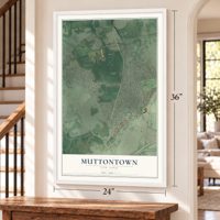 Muttontown, New York map, 24 x 36 inch print in a white frame by a staircase
