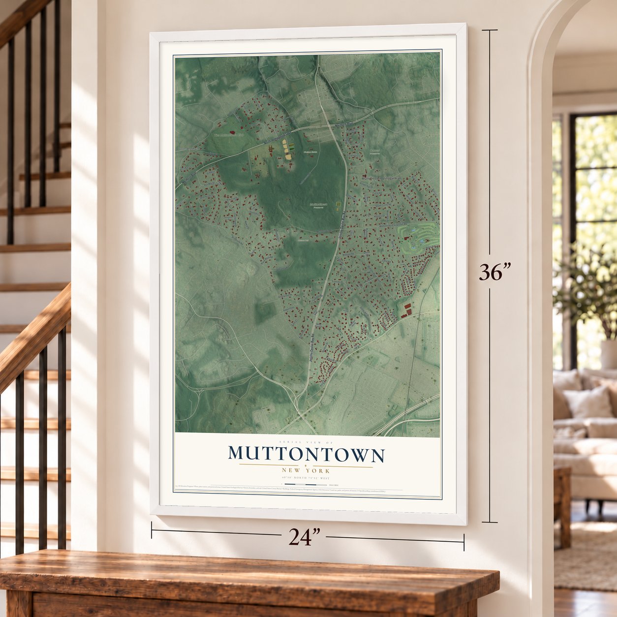 Muttontown, New York map, 24 x 36 inch print in a white frame by a staircase