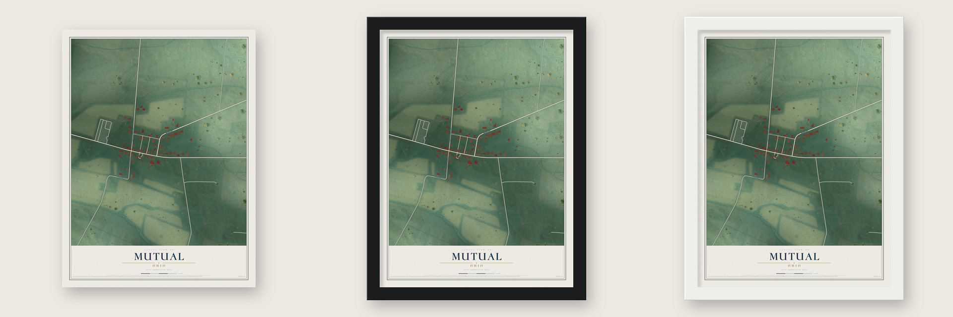 Mutual, Ohio map unframed, in a black wood frame and in a white wood frame