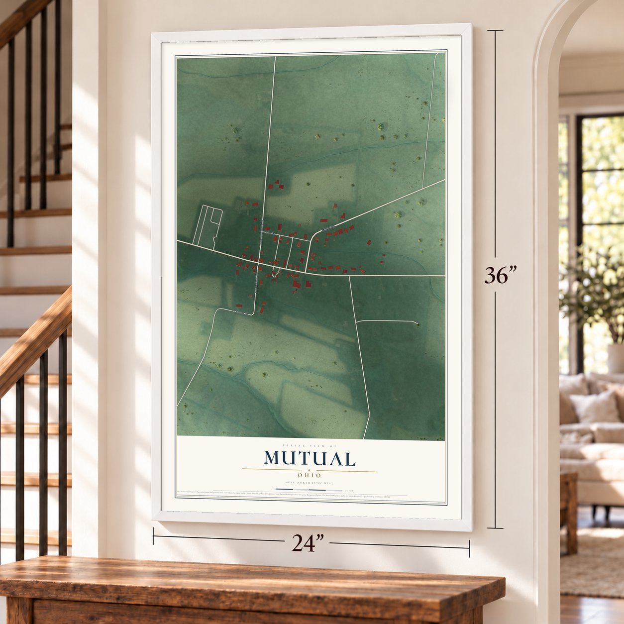 Mutual, Ohio map, 24 x 36 inch print in a white frame by a staircase