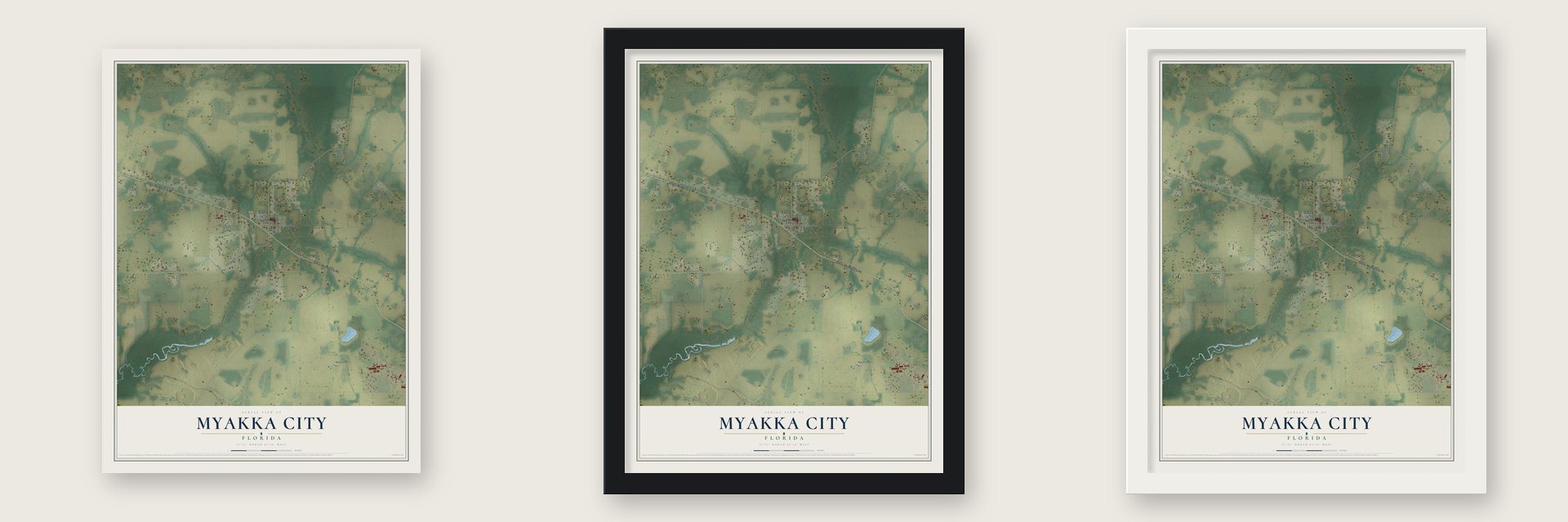 Myakka City, Florida map unframed, in a black wood frame and in a white wood frame