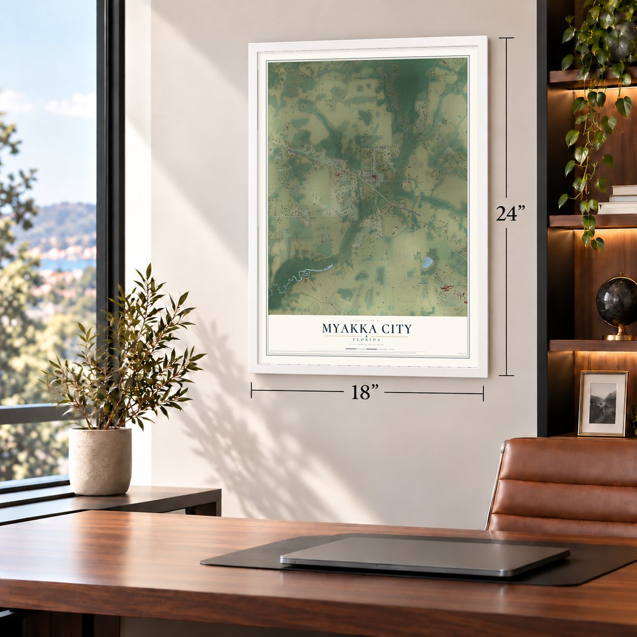 Myakka City, Florida map, 18 x 24 inch print in a white frame in a home office