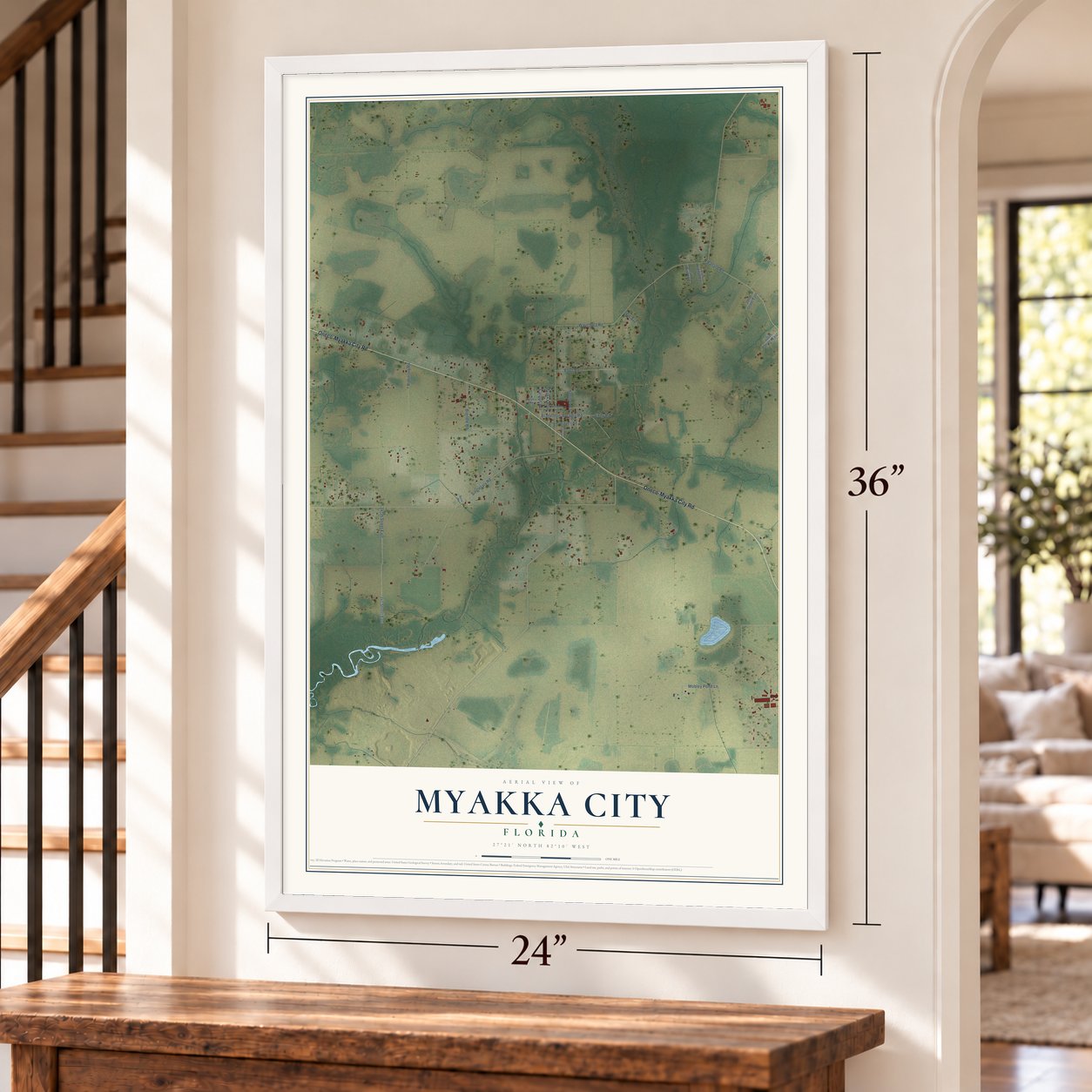 Myakka City, Florida map, 24 x 36 inch print in a white frame by a staircase