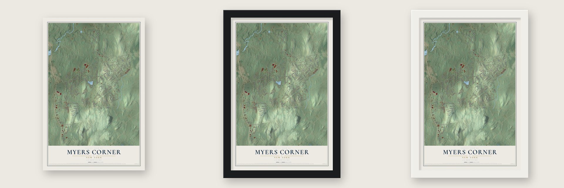 Myers Corner, New York map unframed, in a black wood frame and in a white wood frame