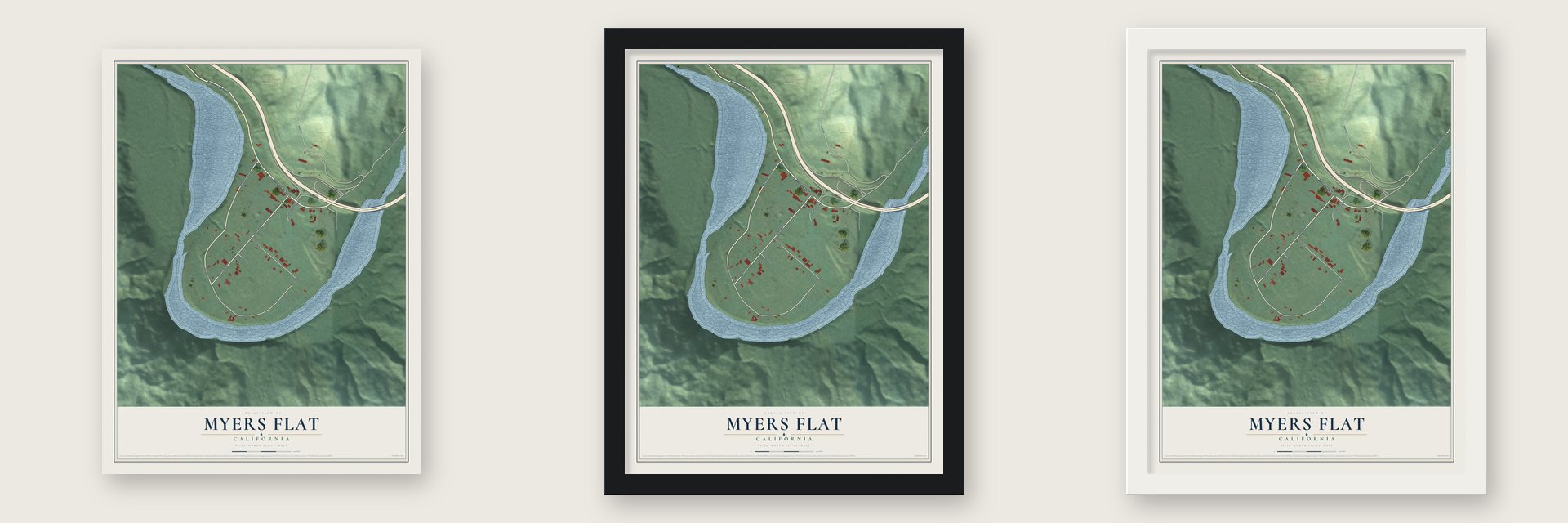 Myers Flat, California map unframed, in a black wood frame and in a white wood frame