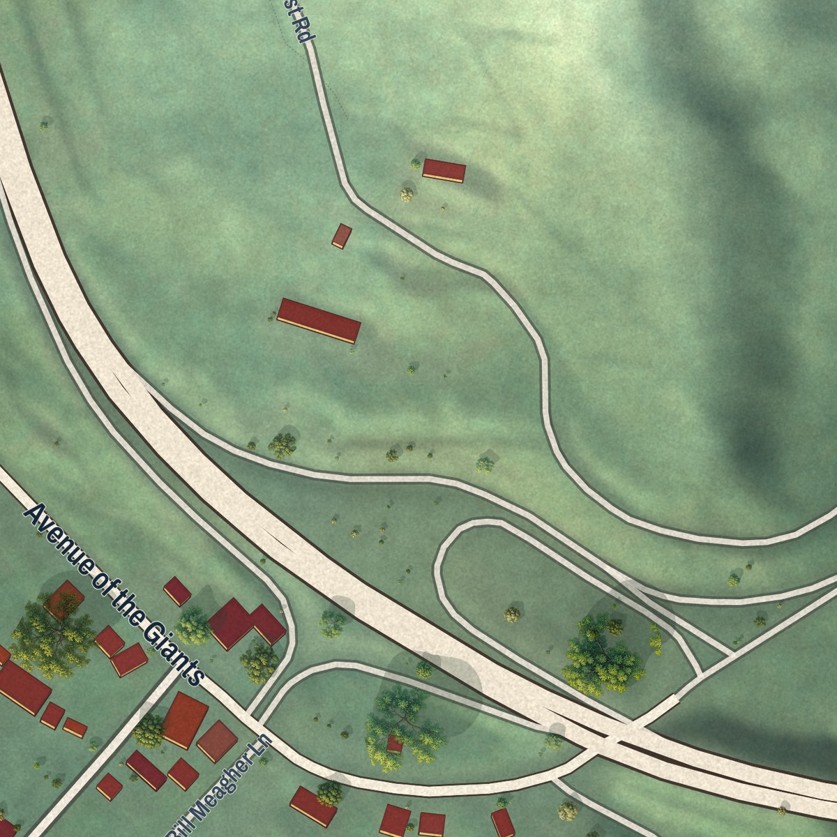 Second close-up of the map of Myers Flat, California print showing more streets and buildings