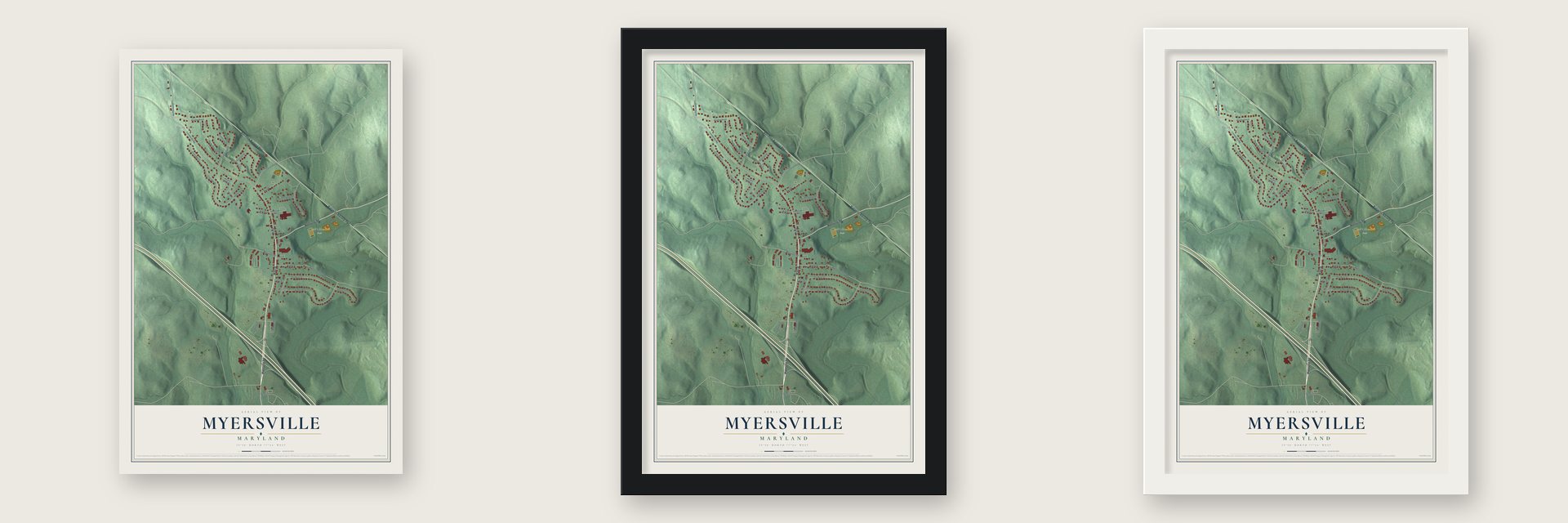 Myersville, Maryland map unframed, in a black wood frame and in a white wood frame