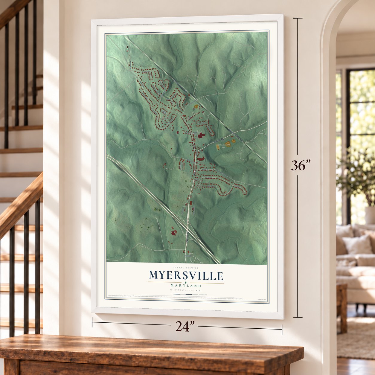 Myersville, Maryland map, 24 x 36 inch print in a white frame by a staircase