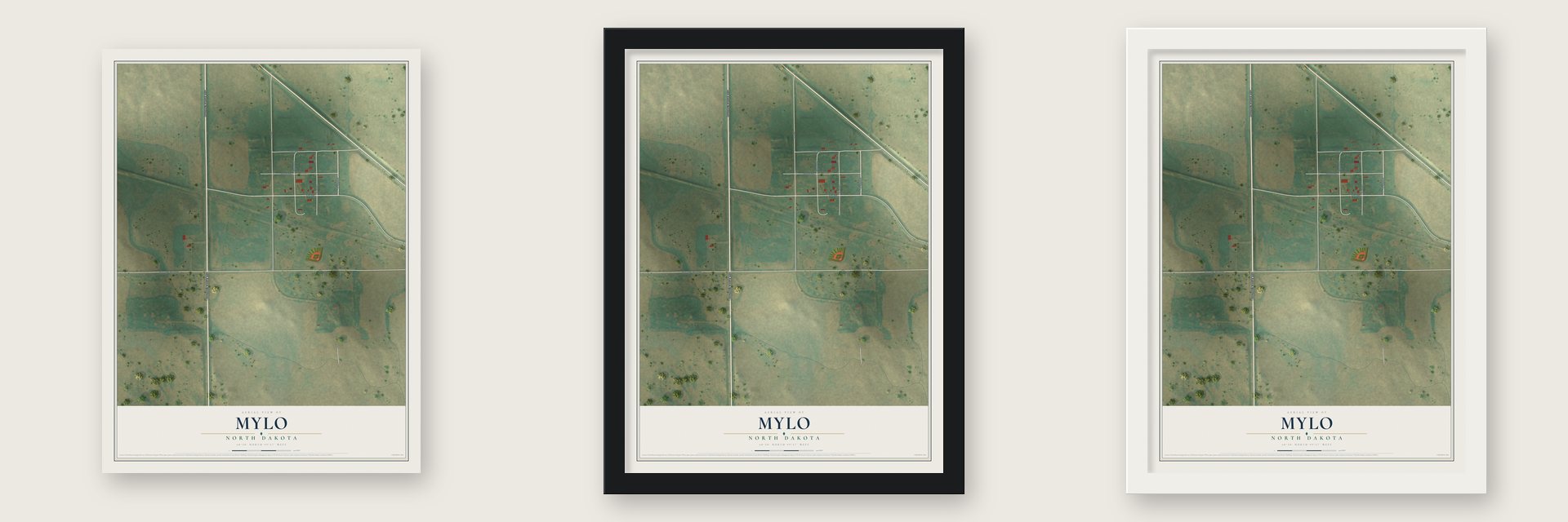 Mylo, North Dakota map unframed, in a black wood frame and in a white wood frame