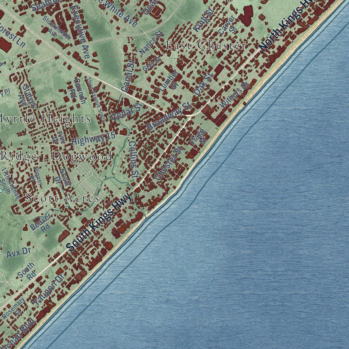 Second close-up of the map of Myrtle Beach, South Carolina print showing more streets and buildings