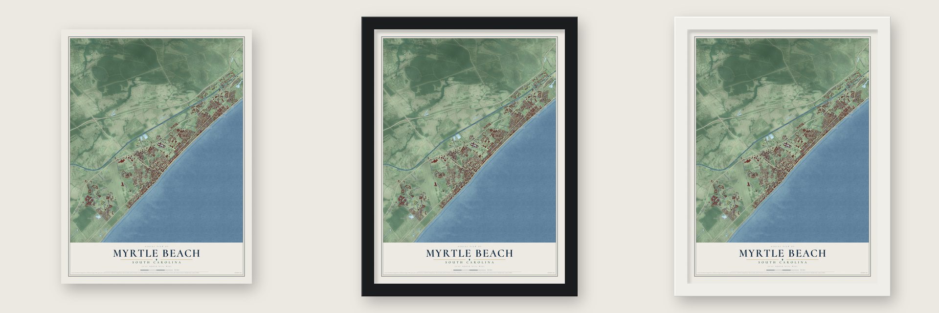 Myrtle Beach, South Carolina map unframed, in a black wood frame and in a white wood frame