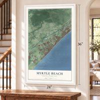 Myrtle Beach, South Carolina map, 24 x 36 inch print in a white frame by a staircase