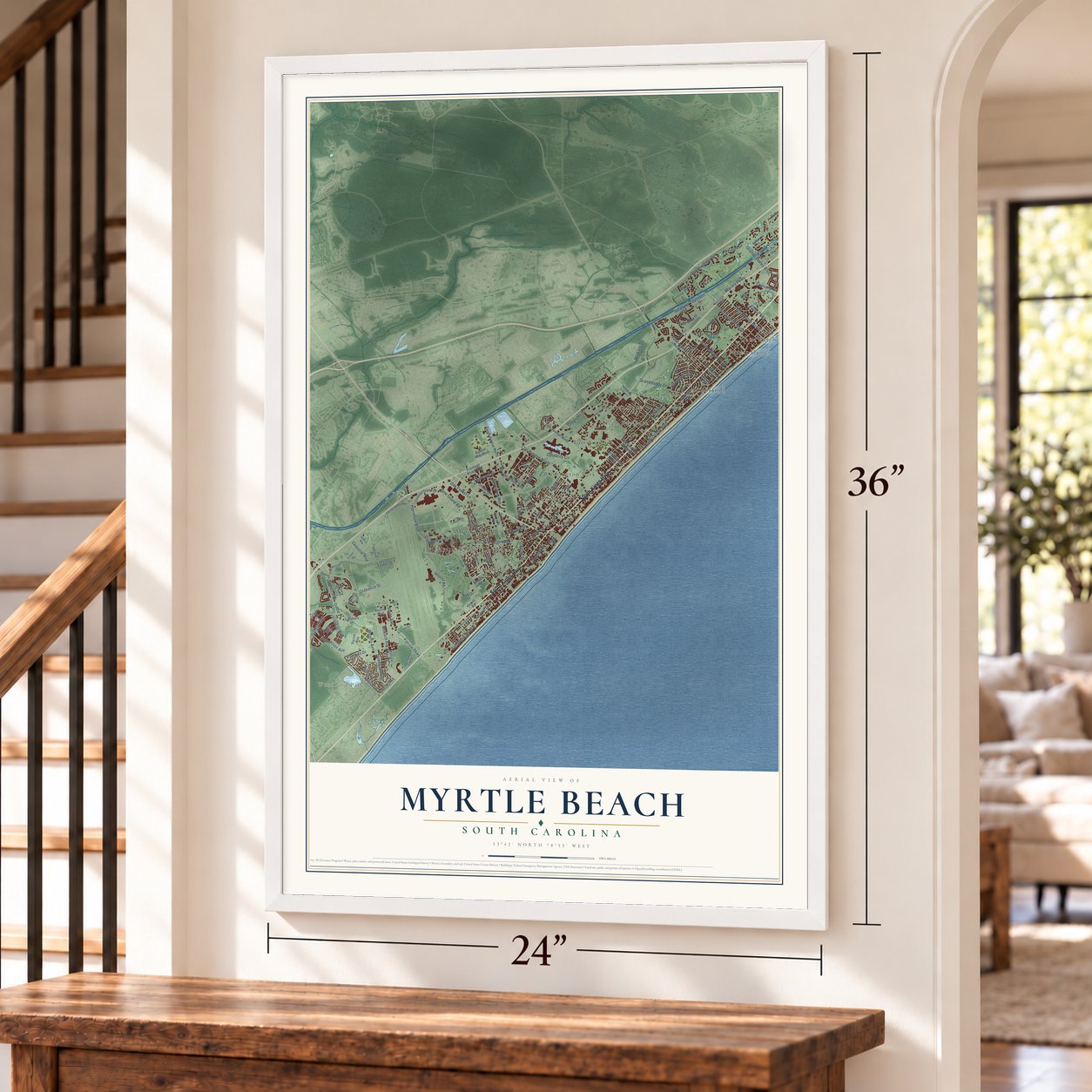 Myrtle Beach, South Carolina map, 24 x 36 inch print in a white frame by a staircase