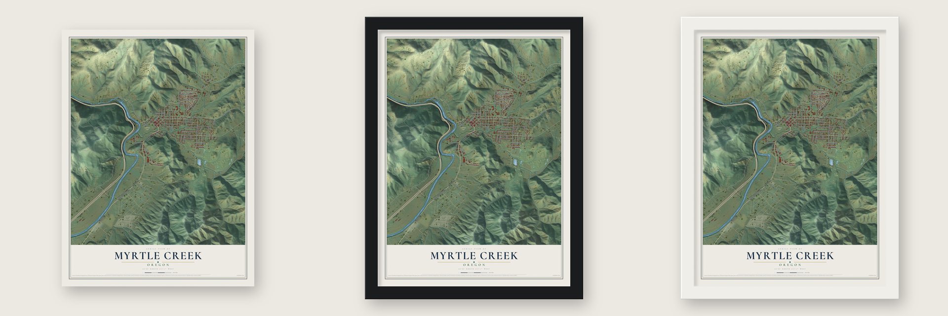 Myrtle Creek, Oregon map unframed, in a black wood frame and in a white wood frame
