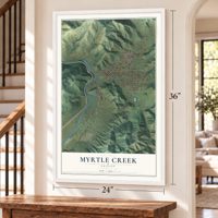 Myrtle Creek, Oregon map, 24 x 36 inch print in a white frame by a staircase