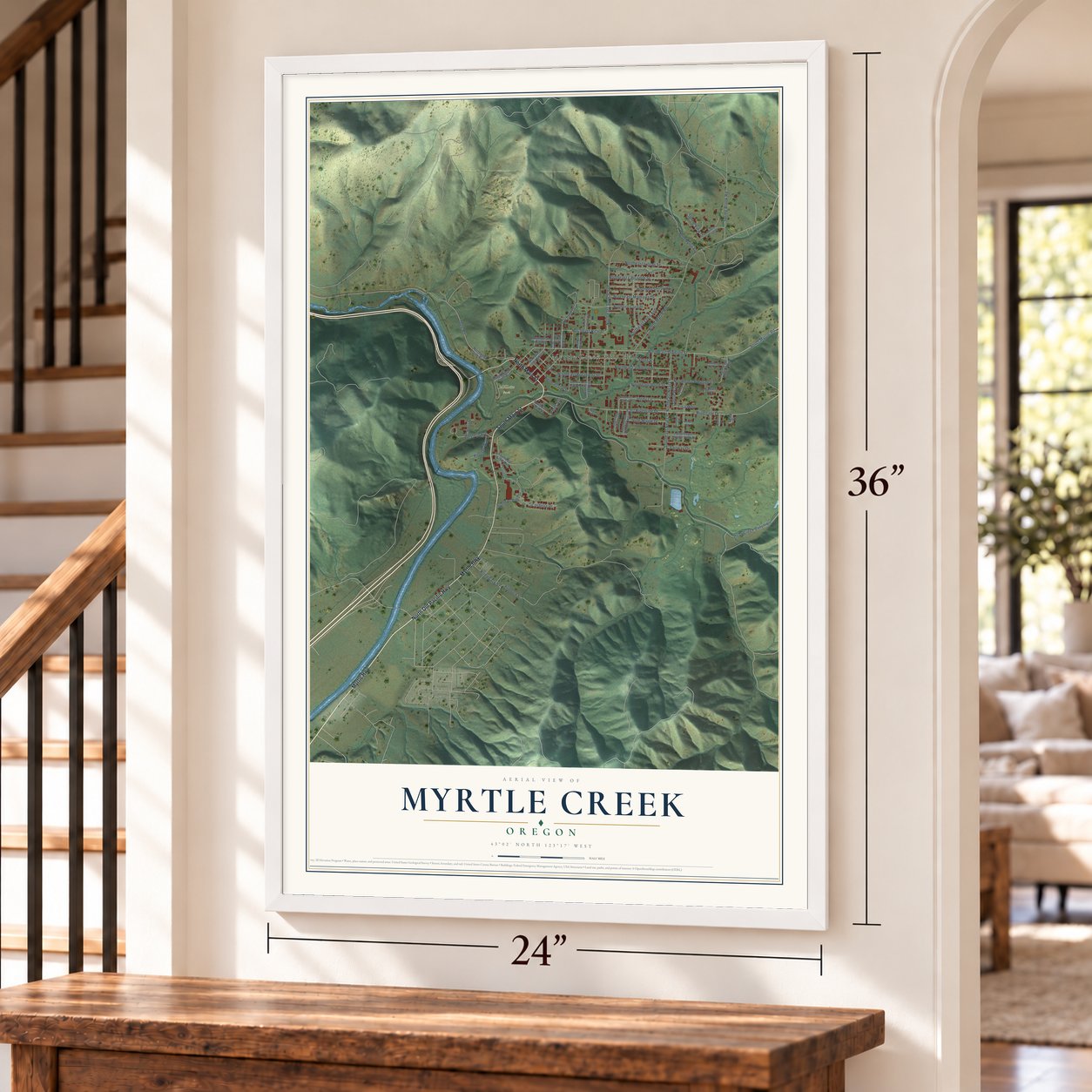 Myrtle Creek, Oregon map, 24 x 36 inch print in a white frame by a staircase