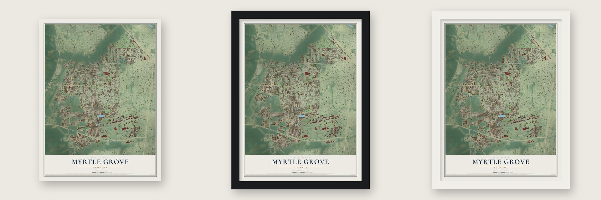 Myrtle Grove, Florida map unframed, in a black wood frame and in a white wood frame
