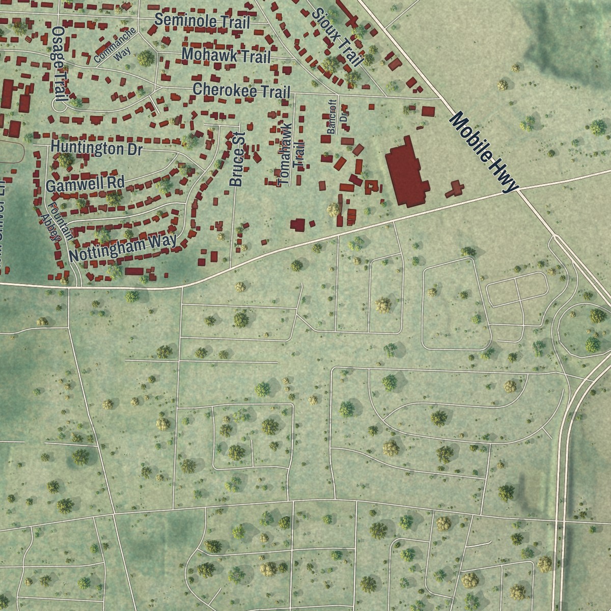 Second close-up of the map of Myrtle Grove, Florida print showing more streets and buildings