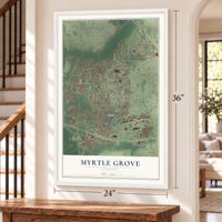 Myrtle Grove, Florida map, 24 x 36 inch print in a white frame by a staircase
