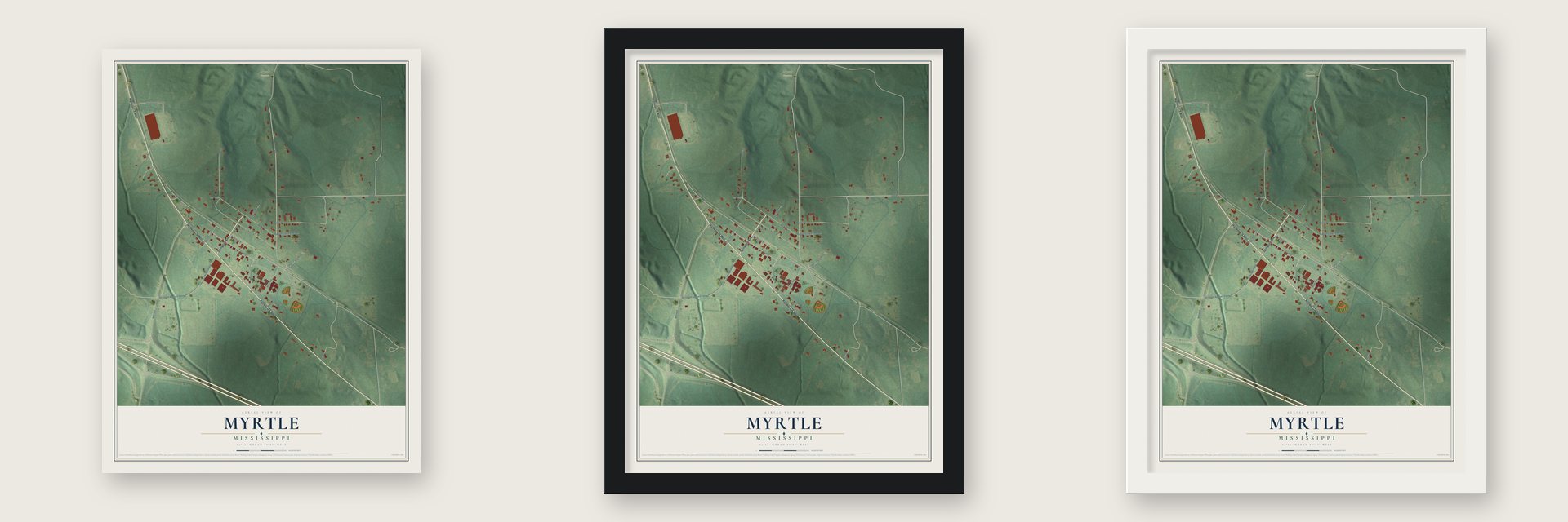 Myrtle, Mississippi map unframed, in a black wood frame and in a white wood frame