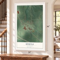 Myrtle, Mississippi map, 24 x 36 inch print in a white frame by a staircase