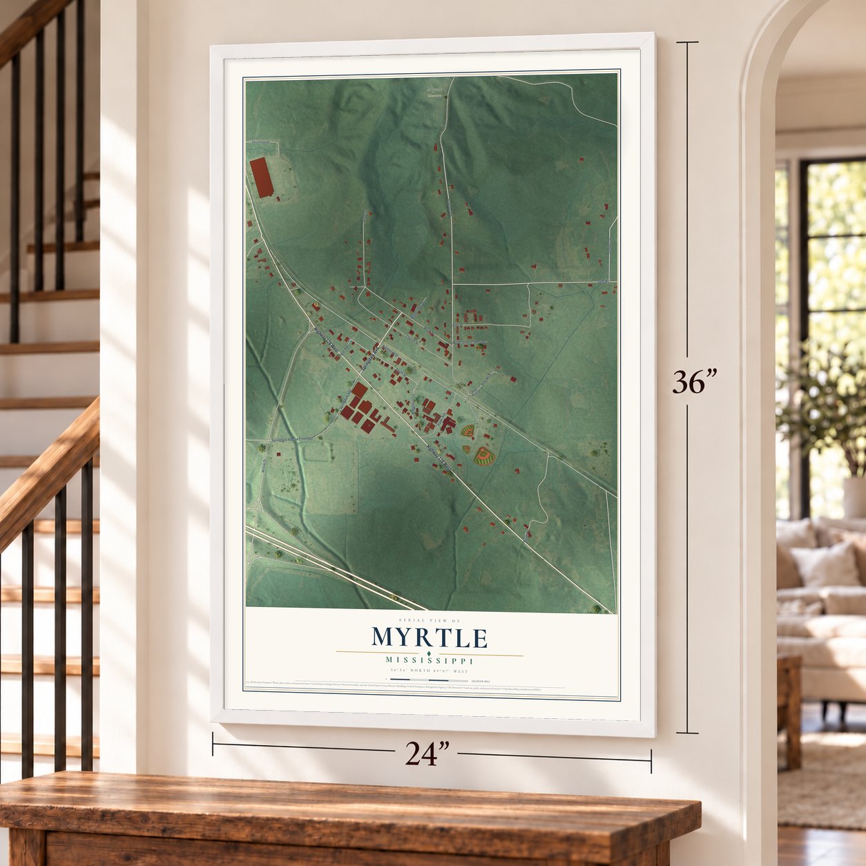 Myrtle, Mississippi map, 24 x 36 inch print in a white frame by a staircase