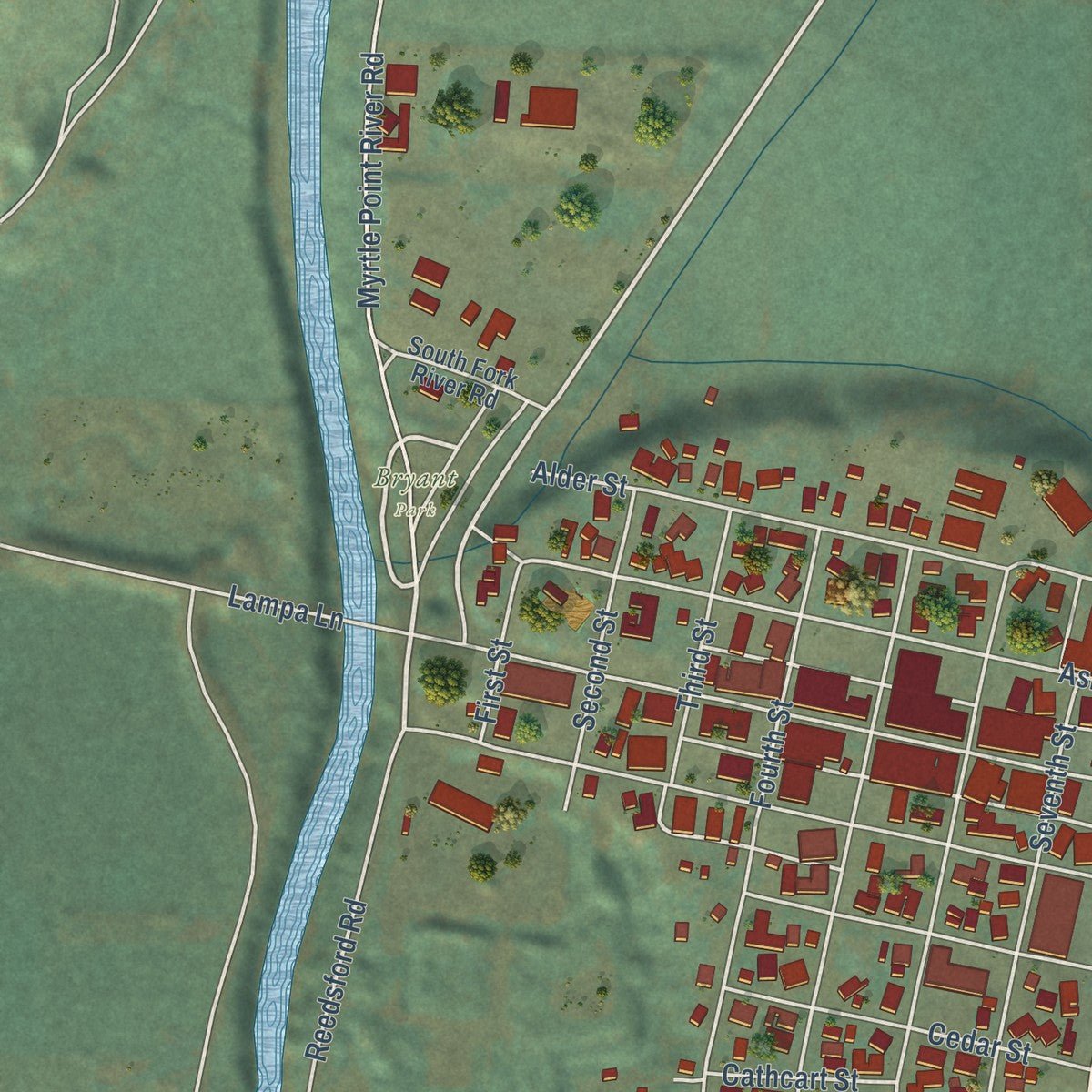 Second close-up of the map of Myrtle Point, Oregon print showing more streets and buildings