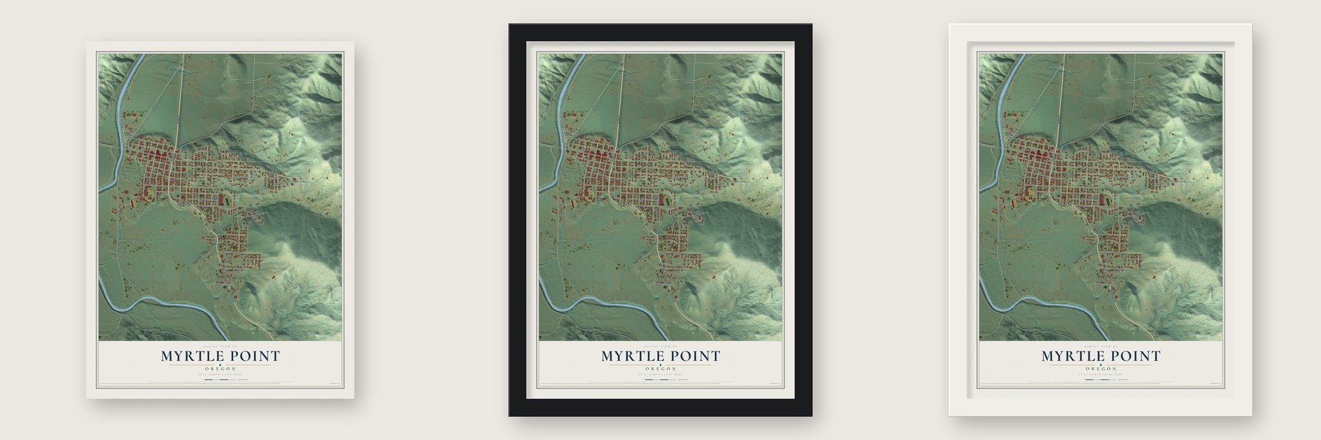 Myrtle Point, Oregon map unframed, in a black wood frame and in a white wood frame
