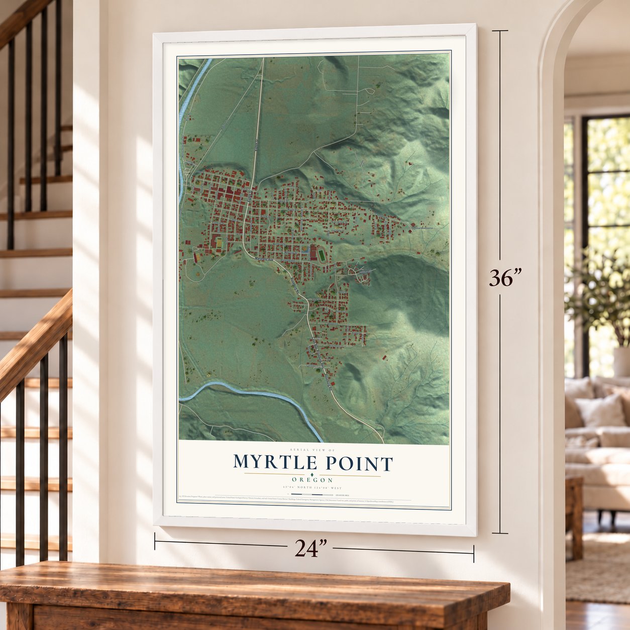 Myrtle Point, Oregon map, 24 x 36 inch print in a white frame by a staircase