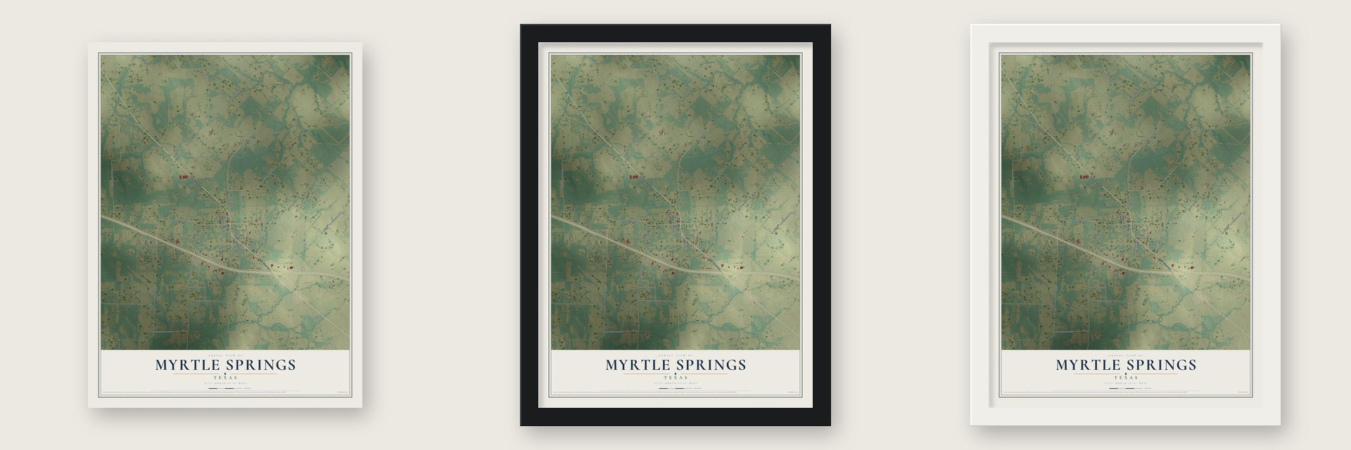 Myrtle Springs, Texas map unframed, in a black wood frame and in a white wood frame