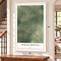 Myrtle Springs, Texas map, 24 x 36 inch print in a white frame by a staircase