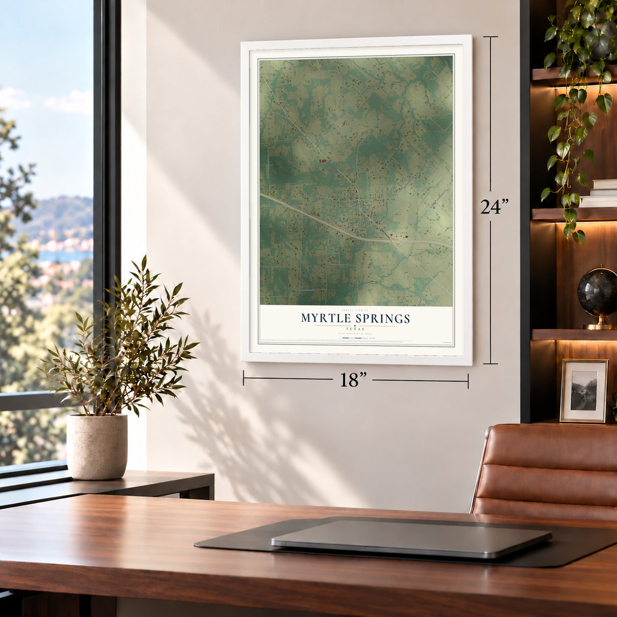 Myrtle Springs, Texas map, 18 x 24 inch print in a white frame in a home office