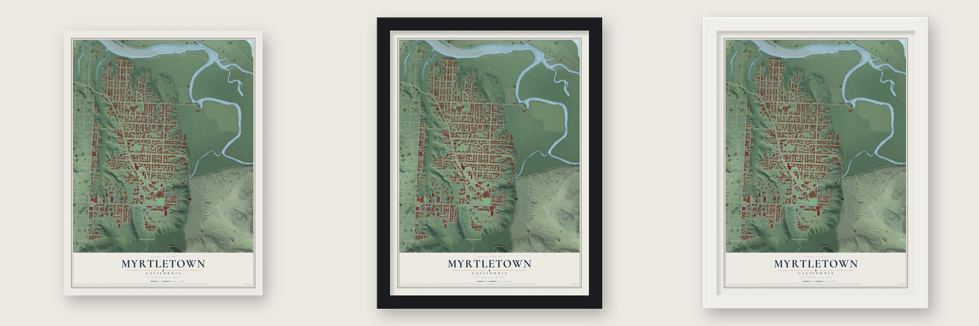 Myrtletown, California map unframed, in a black wood frame and in a white wood frame