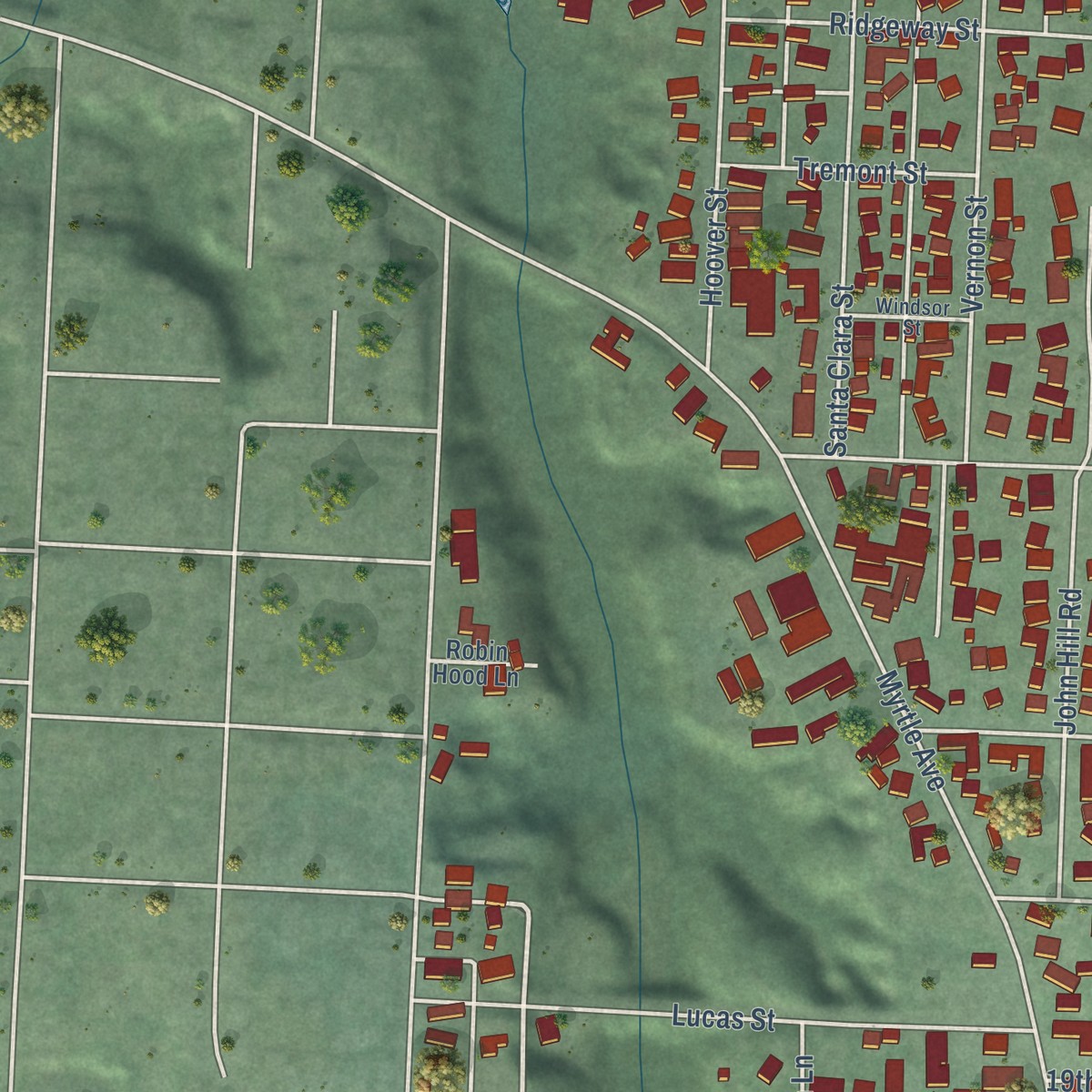 Second close-up of the map of Myrtletown, California print showing more streets and buildings