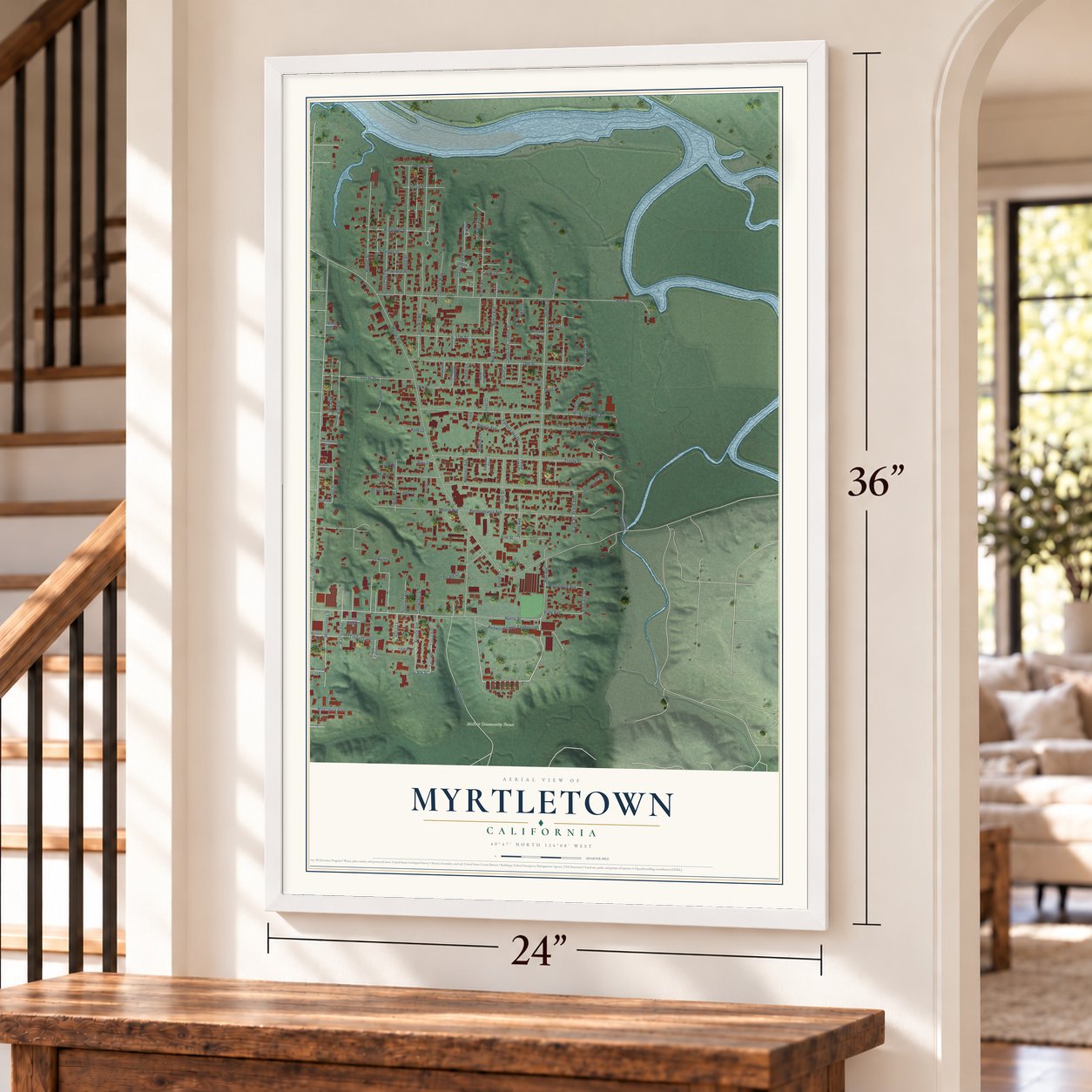 Myrtletown, California map, 24 x 36 inch print in a white frame by a staircase