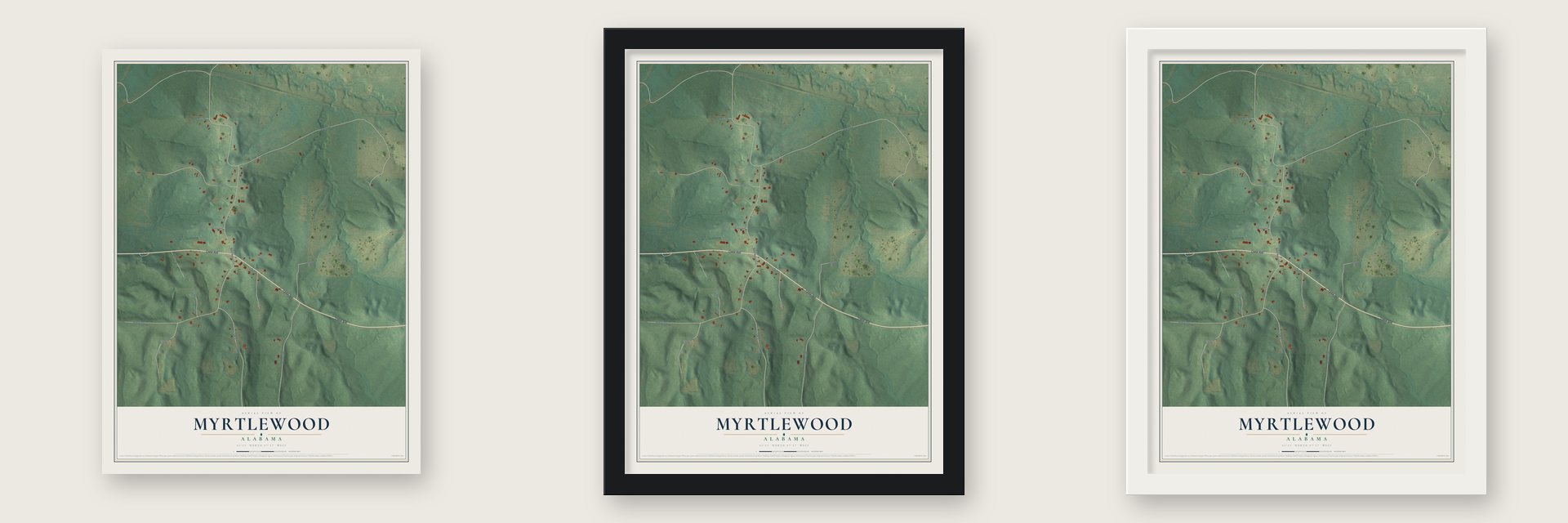 Myrtlewood, Alabama map unframed, in a black wood frame and in a white wood frame