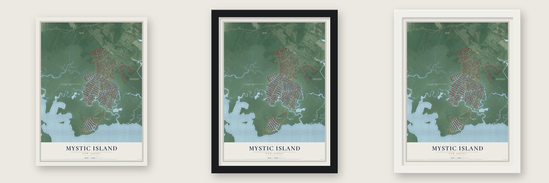 Mystic Island, New Jersey map unframed, in a black wood frame and in a white wood frame