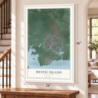 Mystic Island, New Jersey map, 24 x 36 inch print in a white frame by a staircase