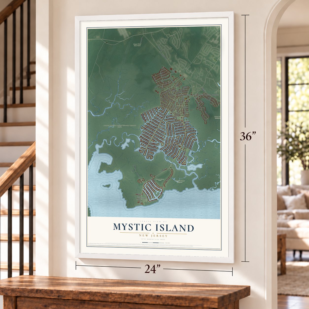 Mystic Island, New Jersey map, 24 x 36 inch print in a white frame by a staircase