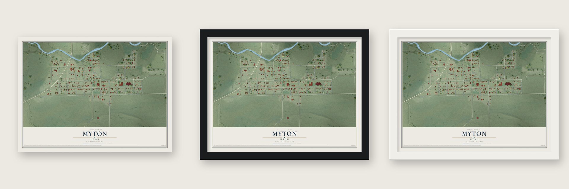 Myton, Utah map unframed, in a black wood frame and in a white wood frame